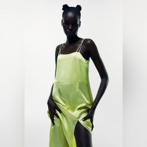 Zara Lime Satin Midi Dress Medium | Straight Neck | Strappy Back | Flowing